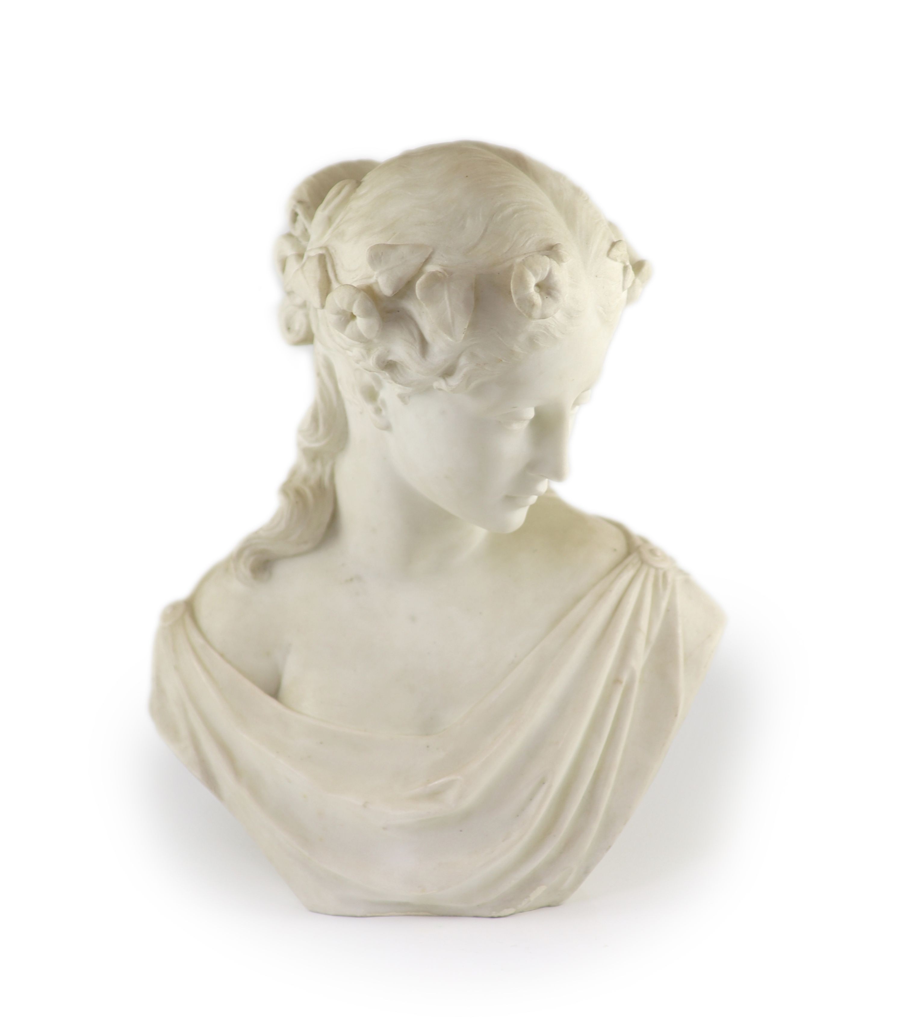 Prof. Pietro Lazzerini (Italian, 1842-1918), a carrara marble bust of a maiden H 43cm.